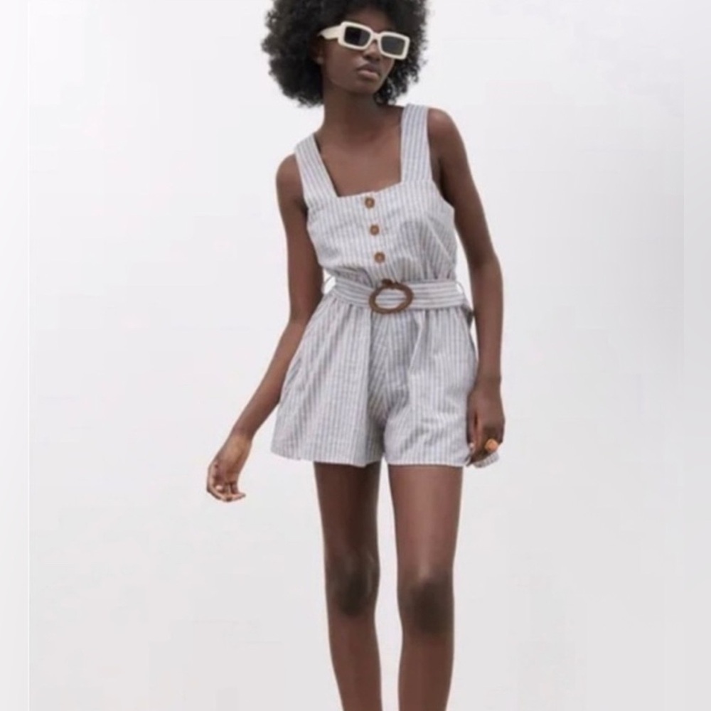 Zara Linen Blend Blue and White Striped Romper Jumpsuit
